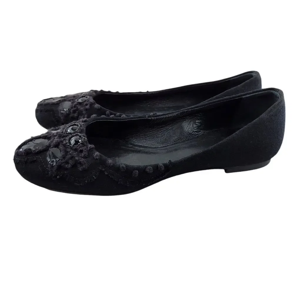 Tory Burch Ballet Flats Womens 7‎ Black Fabric Crochet Large Jewel Detail Preppy